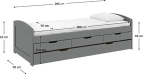 Ágy kihúzható pótággyal, szürke, tömörfa, 90x200, MARINELLA NEW