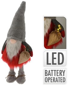 Gnome w grey hat Fénydekoráció, 26x26x65 cm, plüss, piros/szürke
