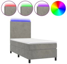 világosszürke bársony rugós és LED-es ágy matraccal 100x200 cm