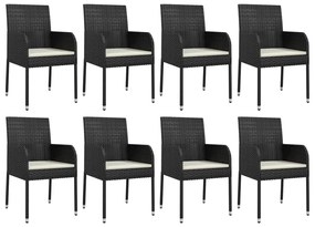 9 részes fekete polyrattan kerti étkezőgarnitúra párnákkal