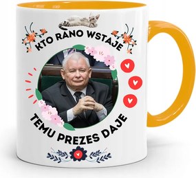 Sárga Vicces Bögre Jaroslaw Kaczynski felirattal, fényképpel