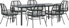 vidaXL 7 részes fekete polyrattan üveg kerti étkezőgarnitúra párnákkal