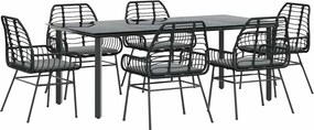 vidaXL 7 részes fekete polyrattan üveg kerti étkezőgarnitúra párnákkal