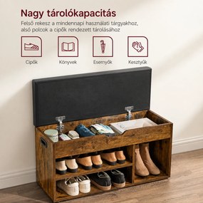 Tárolópad párnázott üléssel, 3 rekeszes cipőpad 80 x 30 x 44 cm, rusztikus barna