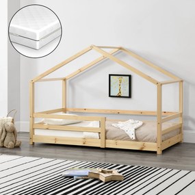 [en.casa] Házikó ágy Knätten matraccal 70x140 cm natúr fenyőfa