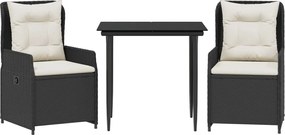 vidaXL 3 részes fekete polyrattan kerti étkezőgarnitúra párnákkal