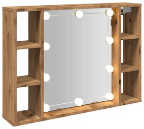 kézműves tölgy szerelt fa tükrös szekrény LED-ekkel 76x15x55 cm