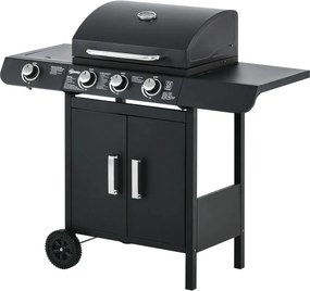 Outsunny Gázgrill 3 fő égővel + 1 oldalsó égővel, tárolópolccal, rozsdamentes acél, fekete
