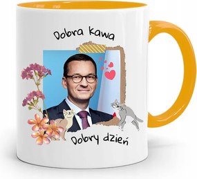 Sárga Politikus Bögre Mateusz Morawiecki Miniszterelnök fényképes nyomtatással