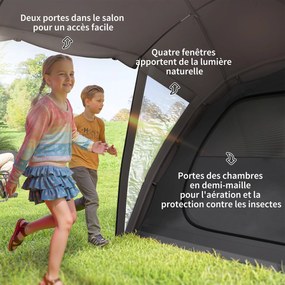 Outsunny Családi Camping Sátor 4-6 Fő Részére, 3000mm Vízálló Alagútsátor 2 Ajtóval, Ablakokkal, Hordtáskával, Talajtakaróval Túrázáshoz, Fekete | Aos