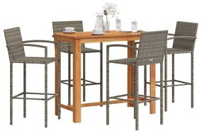 vidaXL 5 részes szürke tömör akácfa és polyrattan kerti bárszett