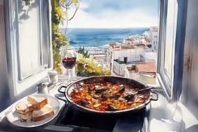Våszonkép Canvas Ablak Konyha Tenger Paella Bor Spanyolorszåg 60x40
