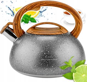 Teás Kanna Gázhoz Szürke Síppal, Tetővel 3L Acél Indukció Ezüst