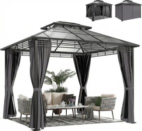 Outsunny kerti pavilon kb. 3,6 x 3 m – alumínium keménytetős pavilon 6 mm-es dupla polikarbonát tetővel, szúnyoghálóval, 4 oldalfüggönnyel, vízleperge