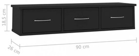 fekete falra szerelhető szerelt fa fiókos polc 88x26x18,5 cm