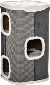 PawHut Kaparó Henger 74 cm Magas háromszintes macska henger párnával, plüss szélekkel, macska búvóhely, kaparófa kis macskáknak, Szürke+Fehér | Aosom