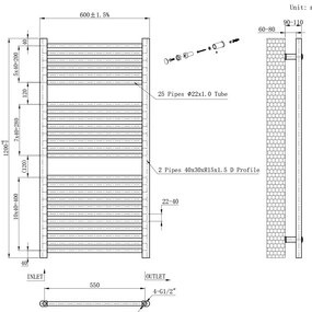 Egyenes törölközőszárító radiátor 1200x600 mm fekete