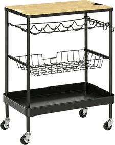 HOMCOM Kerekes Konyhai Kocsi Többfunkciós Tálalókocsi Üveg Tartóval, Levehető Kosárral és 4 Akasztóval Étkezőbe és Nappaliba 60.5x35.5x75 cm Fekete és