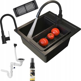 Gránit konyhai mosogató egymedencés Stone M csaptelep szett kosár szifon