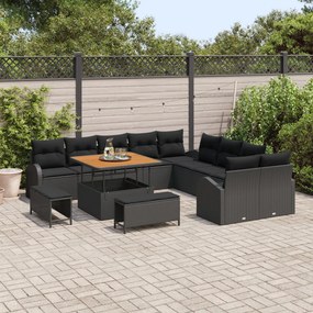 13 Darabos Kert Sofa Szett Párnákkal Fekete Polirattan Akác