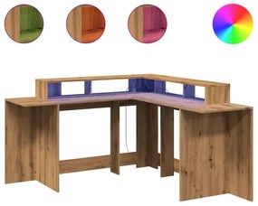 kézműves tölgy színű szerelt fa LED-es íróasztal 152x152x91 cm
