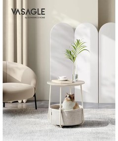 Kerek asztal, kis dohányzóasztal szövetkosárral, krémfehér