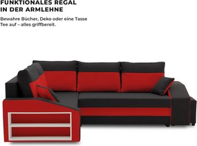 Grande sarokkanapé polcokkal és puffokkal , polc a bal karfaban puffok a jobb karfaban, baloldali, szövet anyag, hab töltet, fekete - piros