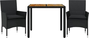 vidaXL 3részes fekete polyrattan/akácfa kerti étkezőgarnitúra párnákkal