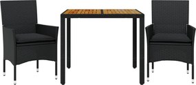 vidaXL 3részes fekete polyrattan/akácfa kerti étkezőgarnitúra párnákkal