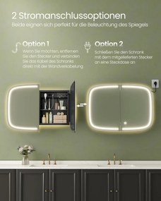 Tükörszekrény világítással, Fali szekrény,  AC csatlakozóval és 2 USB porttal, fekete Outlet