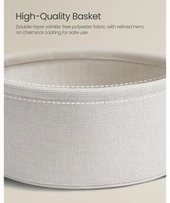 Kerek asztal, kis dohányzóasztal szövetkosárral, krémfehér