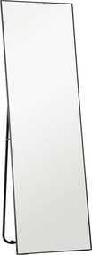 HOMCOM Modern Fényes Álló Tükör, 40x150 cm Téglalap Alakú Falra Szerelhető és Szabadon Álló Tükör Kerettel, Kampókkal és Állvánnyal, Fekete | Aosom