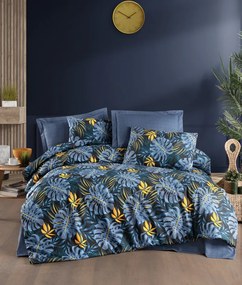 Pamut lepedők Monestera kék TiaHome - 1x Párna 90x70cm, 1x Paplan 140x200cm