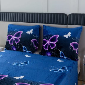Mikroplüss ágyneműhuzat szett VIOLET BUTTERFLY sötétkék + mikroplüss lepedő SOFT 90x200 cm fehér, egyszemélyes ágyhoz