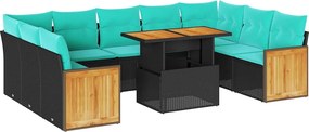 vidaXL 10 részes fekete polyrattan akácfa kerti ülőgarnitúra párnákkal