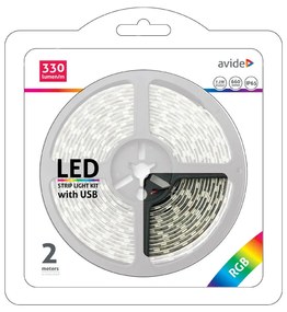 Avide LED szalag szett USB csatlakozóval, vezérlővel, 5V 7.2W/m, 30LED/m, RGB, IP65, 2m