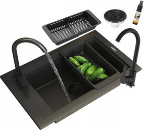 Egymedencés Mosogató Szett Fekete Csaptelep Szifon Kosár Panama Deszka