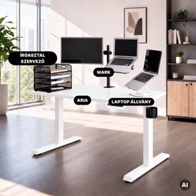 Elektromos, állítható magasságú, ergonomikus, fehér íróasztal,1200x600 mm: ARIA