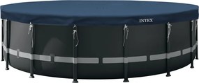 Kerek medencetakaró, Intex Deluxe négyévszakos, csővázas medencéhez, 732 cm átmérő, sötétkék, UV-álló háromrétegű anyag, 20 cm-es túlnyúlással, köteles rögzítéssel (28091)