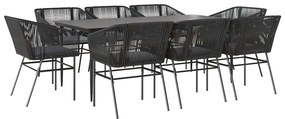 9 részes fekete polyrattan üveg kerti étkezőgarnitúra párnákkal