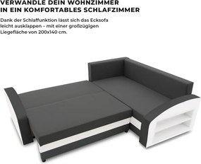 Grande sarokkanapé polcokkal , polc a jobb karfaban, jobboldali, szövet anyag, hab töltet, szürke - fehér