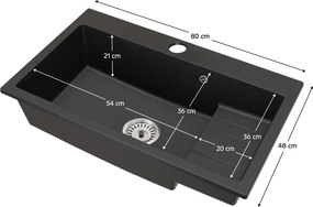 Gránit mosogató szifonnal és csepegtető felülettel, fekete, 80x48, RONA