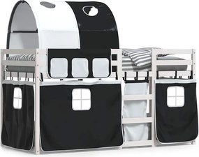 vidaXL fehér/fekete tömör fenyőfa emeletes ágy függönyökkel 80x200 cm