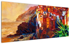 Kép - Falu Cinque Terre partján, az olasz riviérán, modern impresszionizmus (120x50 cm)