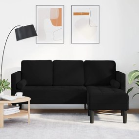 Kerti kanapé padról és párnákról, L-alakú fekete bársonyos, 3 fős kanapé fekvőhellyel, 160 cm fekete bársonyos, Pad fekete 113x57x39 cm bársonyos