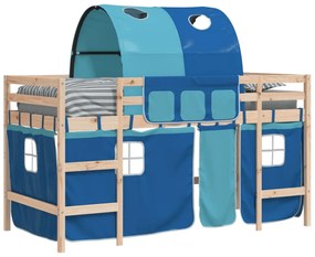 kék tömör fenyőfa gyerek galériaágy alagúttal 90 x 190 cm