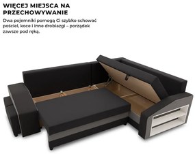 Grande sarokkanapé polcokkal és puffokkal , polc a jobb karfaban puffok a bal karfaban, jobboldali, szövet anyag, bonell töltet, fekete - szürke
