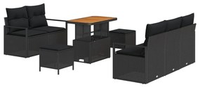 8 darabos Kerti Sofaszett Párnákkal Fekete Poly Rattan Akác, 2-személyes Kerti Kanapé Párnákkal Fekete Poly Rattan, 3 darabos Kerti Étkezőszett Párnákkal Fekete Poly Rattan Akác