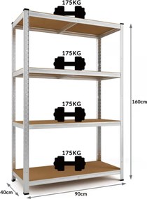 Nagy teherbírású HEAVY polc, max. 700 kg, 90x40x160cm, ezüst Monzana