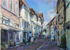 Kép - régi város sikátora, akril festmény (üvegen) (70x50 cm)